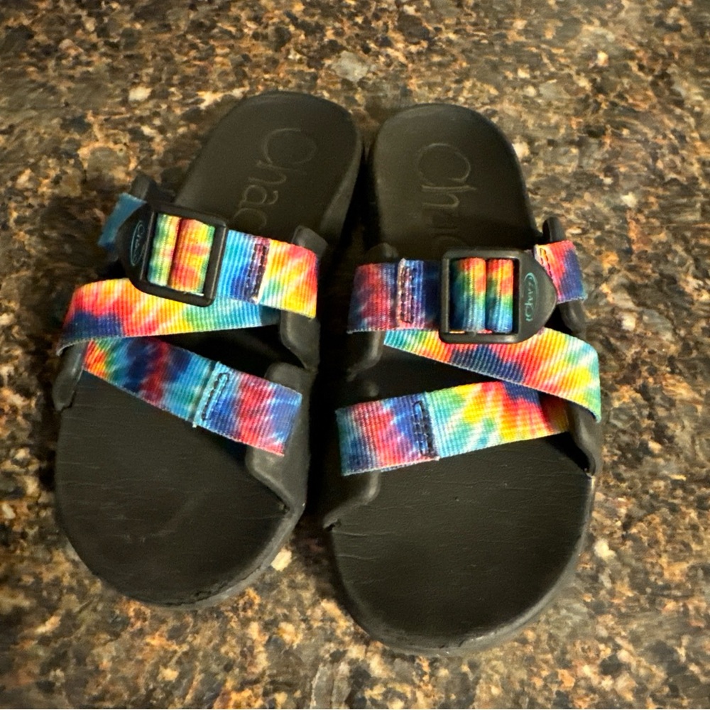 Chaco Tye Dye Rainbow Colored Kids Slides Sandals Flip Flops Sz 2‎